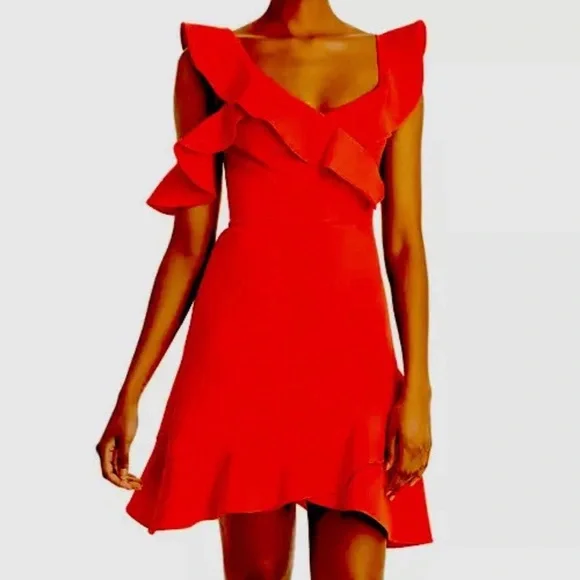 BCBG Dresses Bcbg Red Ambrosia Malik Asymmetrical Ruffle